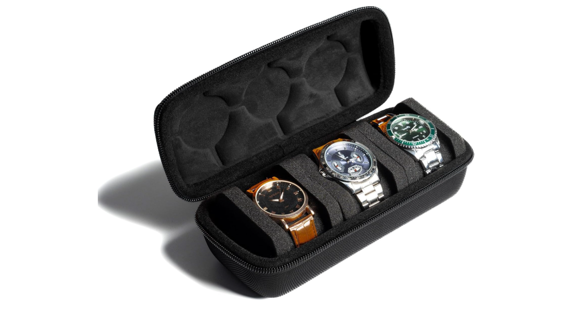 3-Slot Watch Storage Box with Soft Pillows | Hard Watch Travel Case Bag | Watch Organizer for Men & Women (Black)