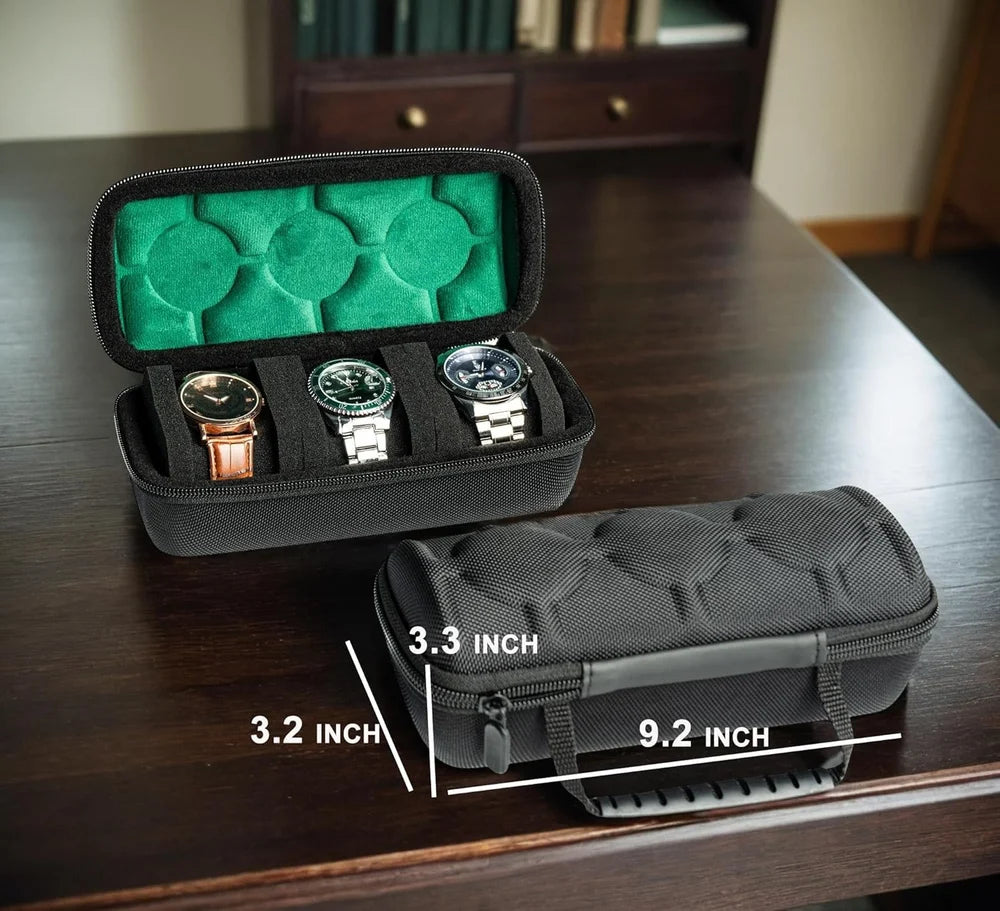 3-Slot Watch Storage Box with Soft Pillows | Hard Watch Travel Case Bag | Watch Organizer for Men & Women (Black)